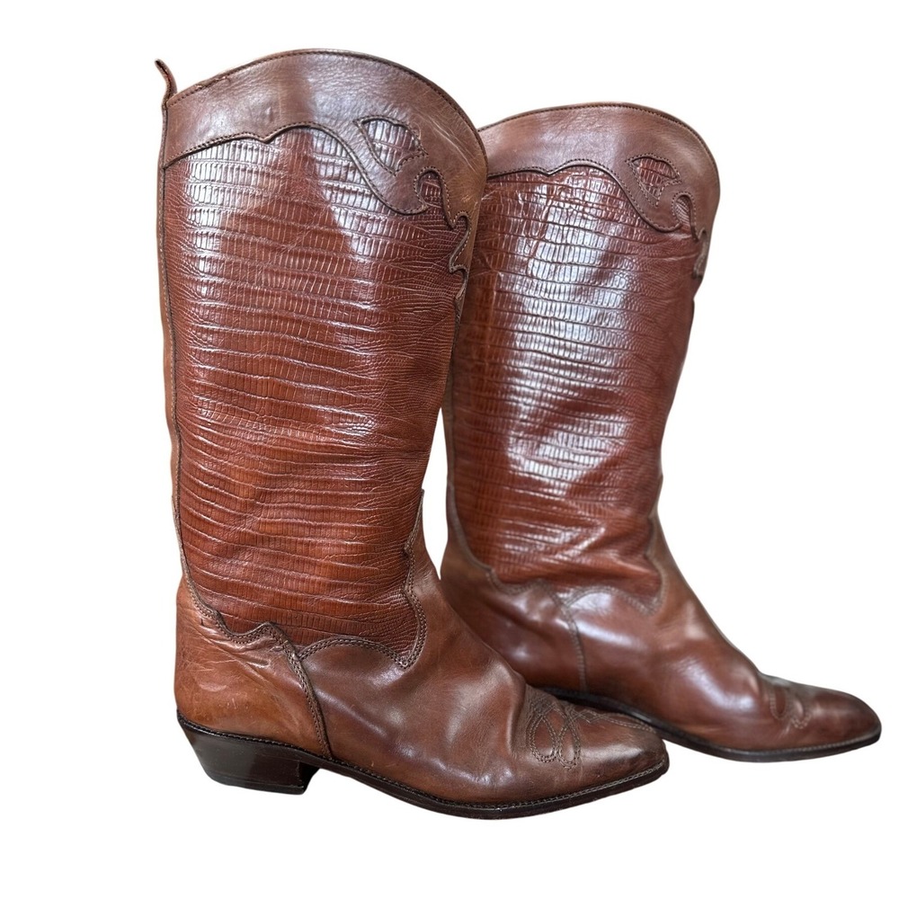 Joan and David VTGE Western Cowboy Boots Brown Lizard Leather Square Toe SZ‎ 38